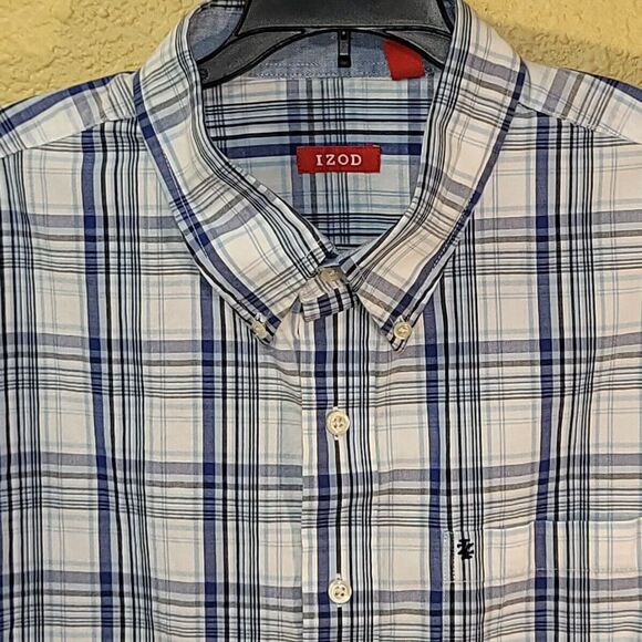 Izod Shirt Adult XXL White/Blue Plaid S/S Casual Button Up Pocket Mens 2XL - Picture 2 of 9